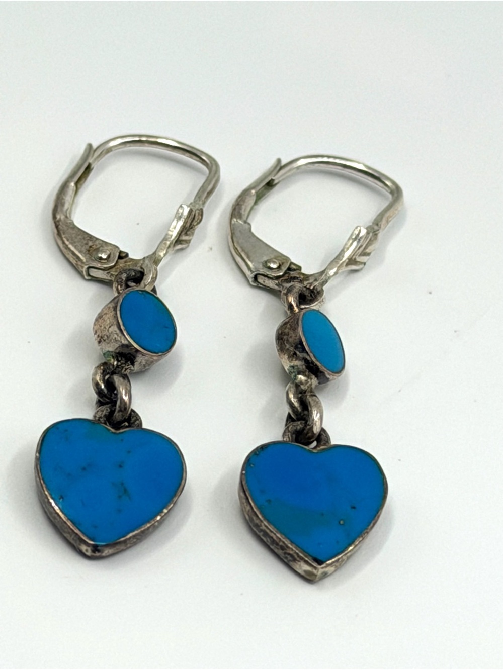 Vintage Silver Tone Turquoise Blue Heart Dangle Leverback Earrings